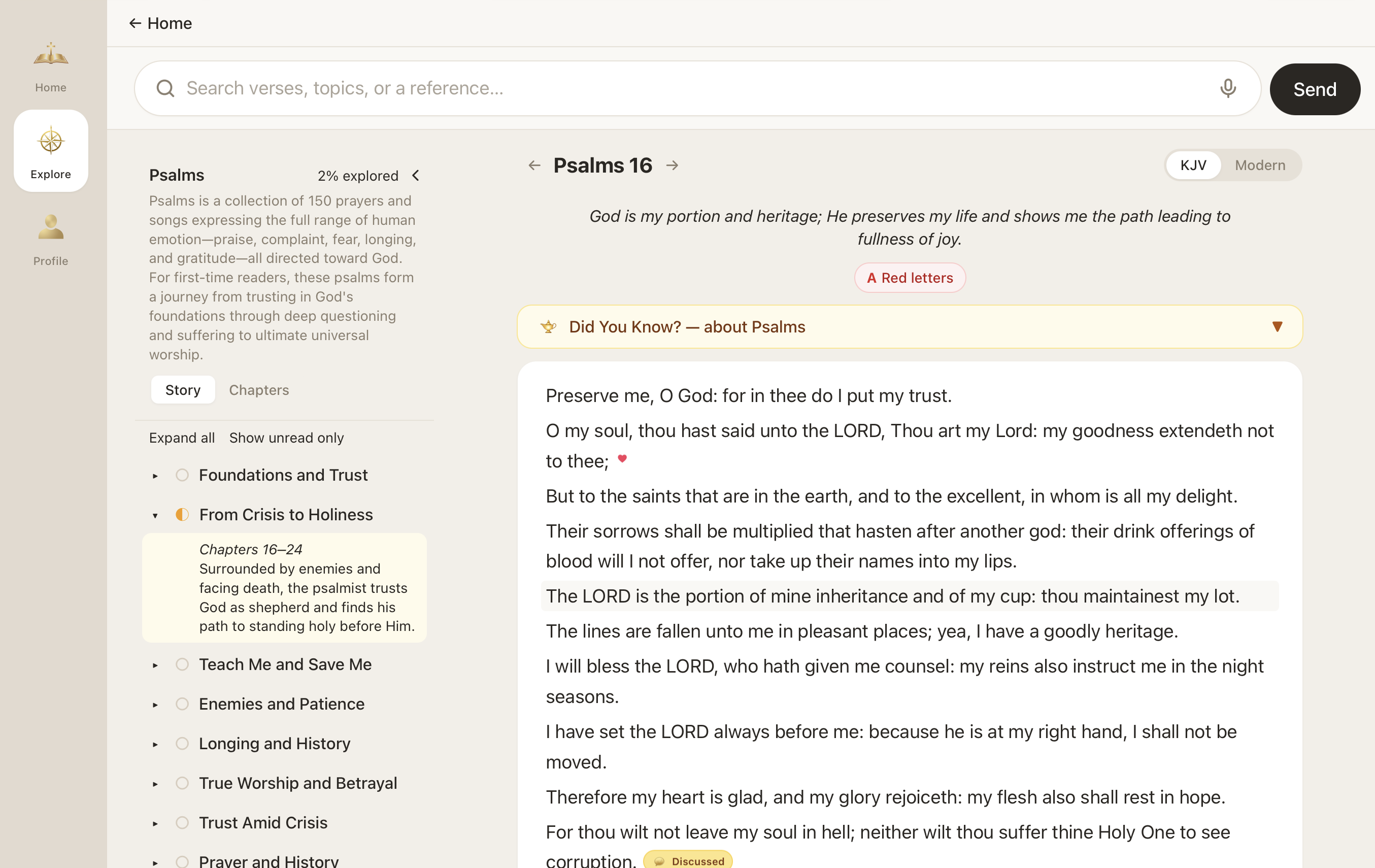 The Elumvia reader: a chapter of Psalms beside an outline of the book's movements.
