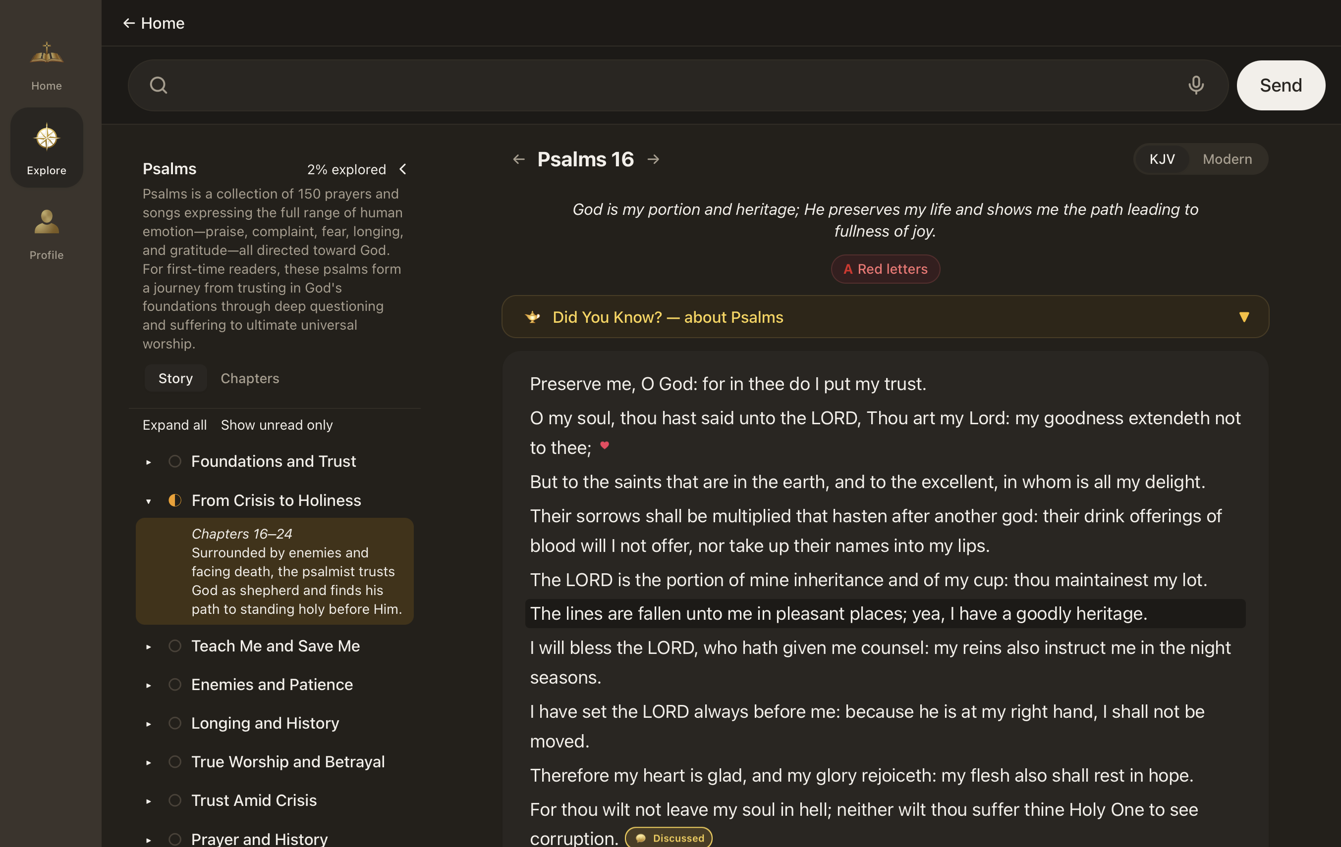 The Elumvia reader: a chapter of Psalms beside an outline of the book's movements.
