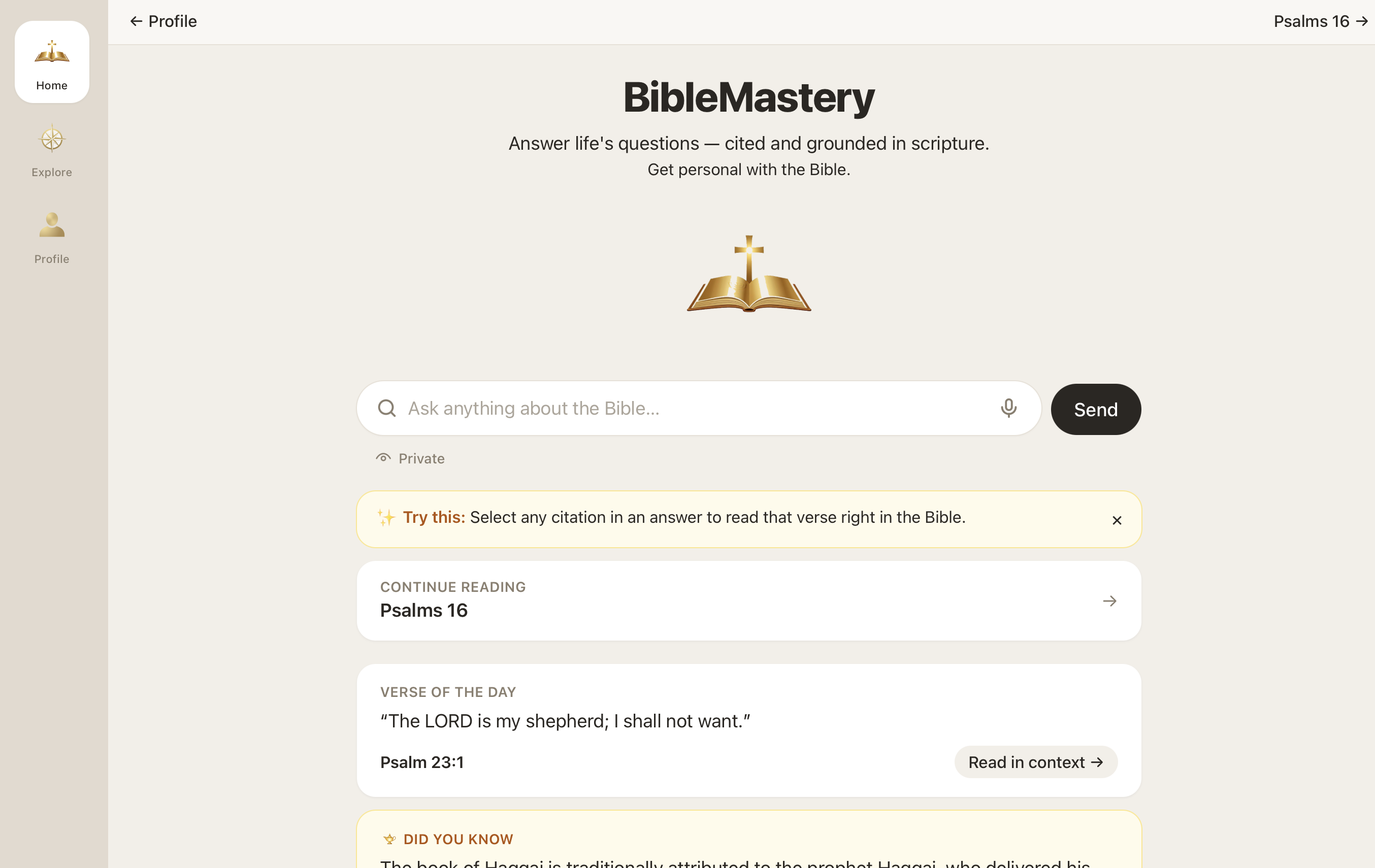 The Elumvia home screen: a single ask field above a verse of the day and recent reading.