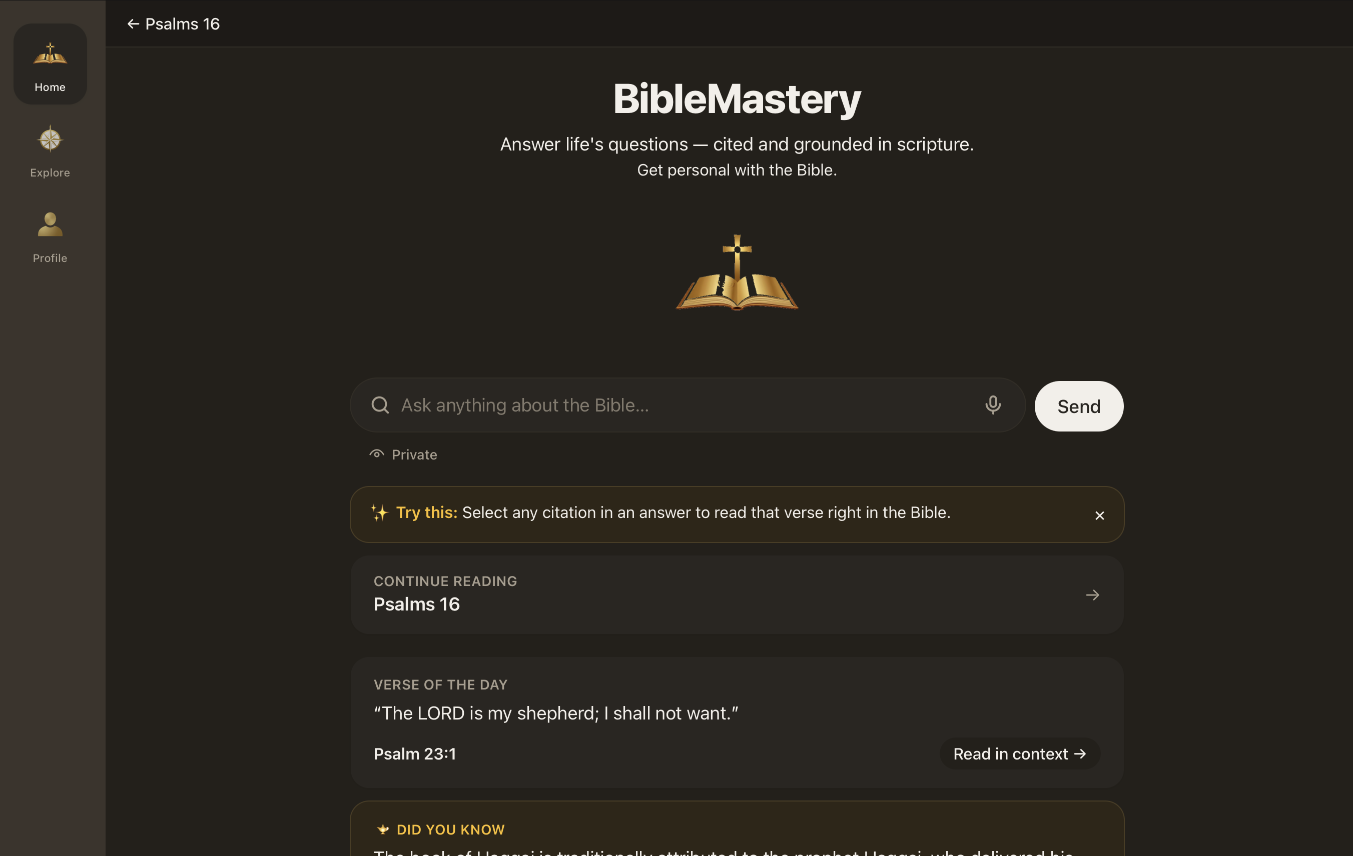 The Elumvia home screen: a single ask field above a verse of the day and recent reading.